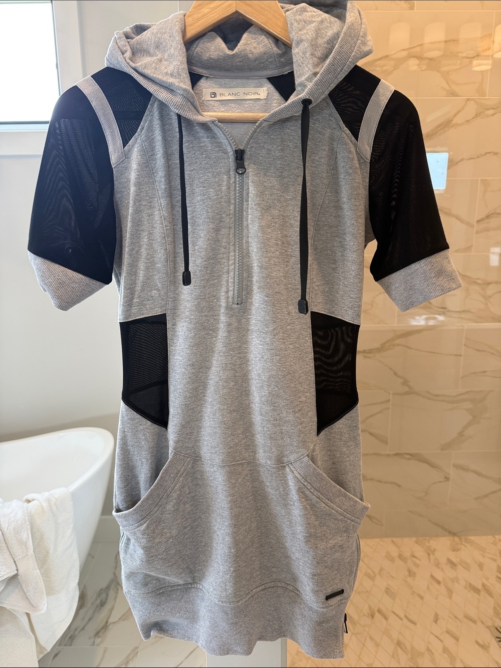 blanc noir Gray Hoodie Dress with Black Mesh Accents